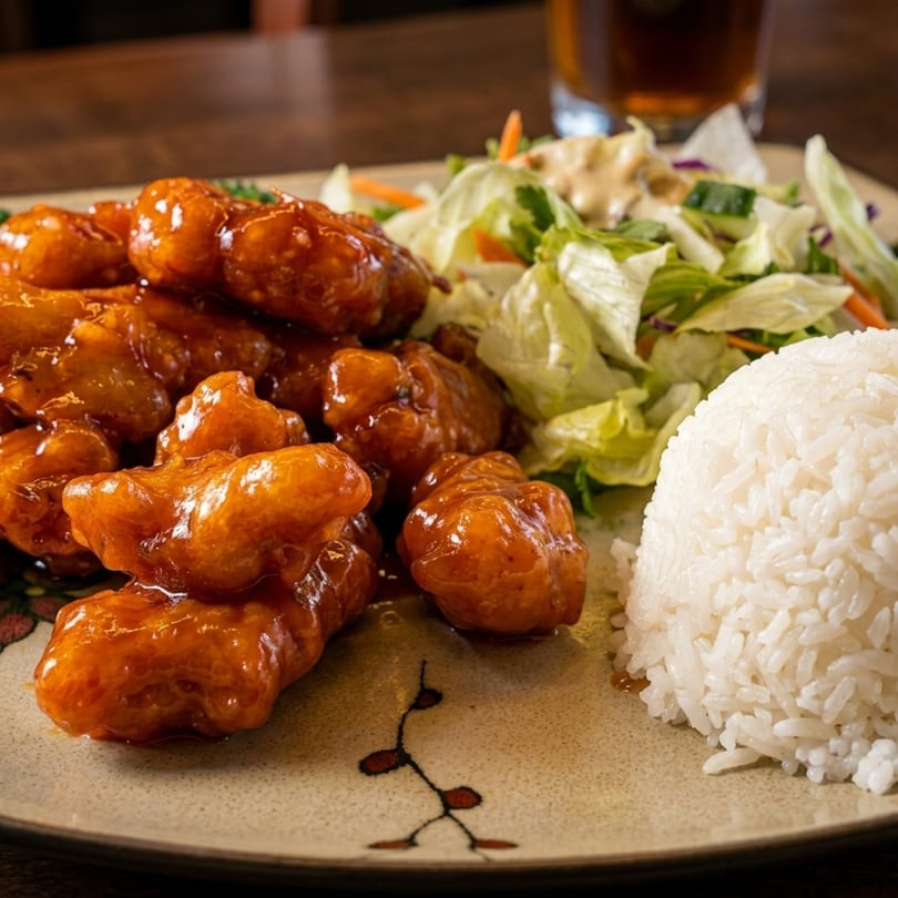 Sweet and sour chicken with white rice and a side salad on a decorative plate.
