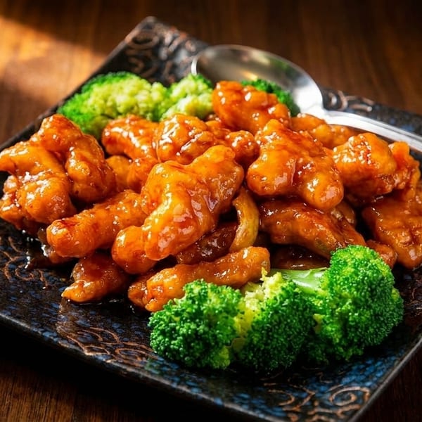 Orange chicken with broccoli florets on a dark patterned plate with a spoon.