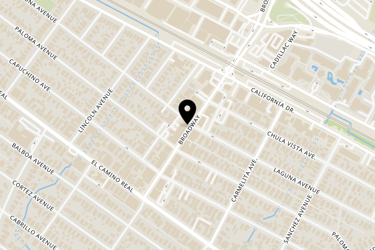 Map showing the location of Young Can Wok Chinese Bistro on 1200 Broadway in Burlingame